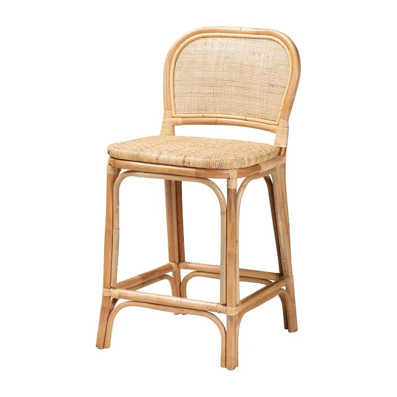 Modern Bohemian Natural Brown Rattan Bar Stool with Footrest