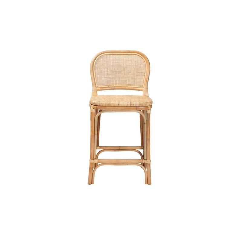 Modern Bohemian Natural Brown Rattan Bar Stool with Footrest