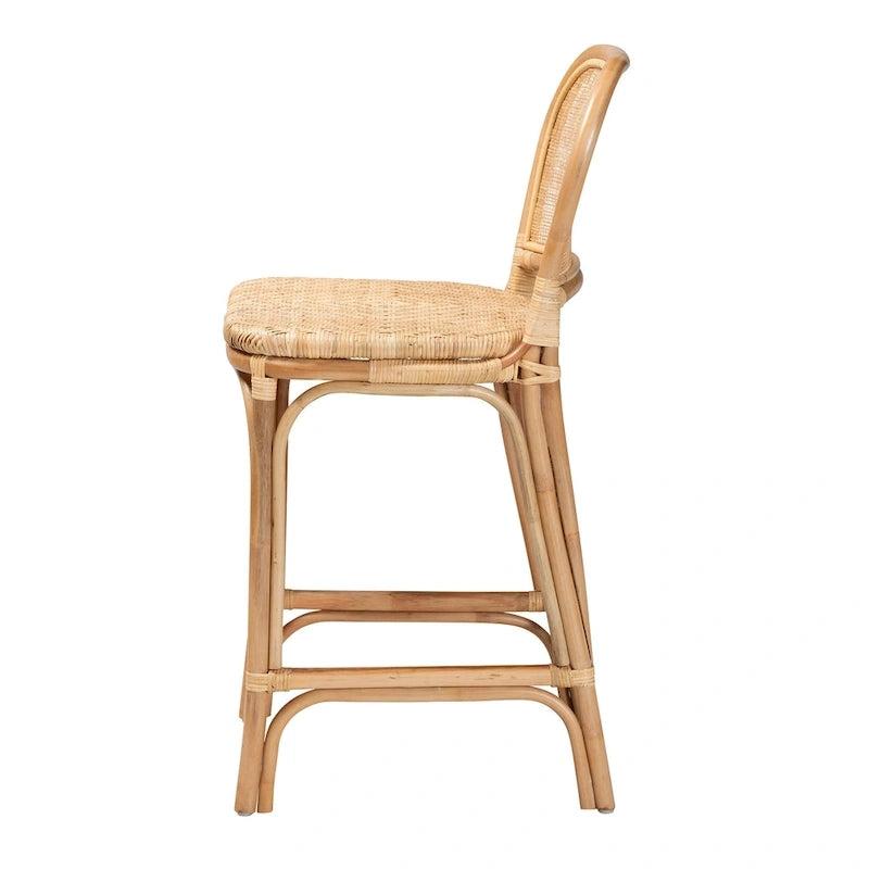 Modern Bohemian Natural Brown Rattan Bar Stool with Footrest