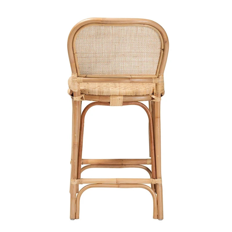 Modern Bohemian Natural Brown Rattan Bar Stool with Footrest