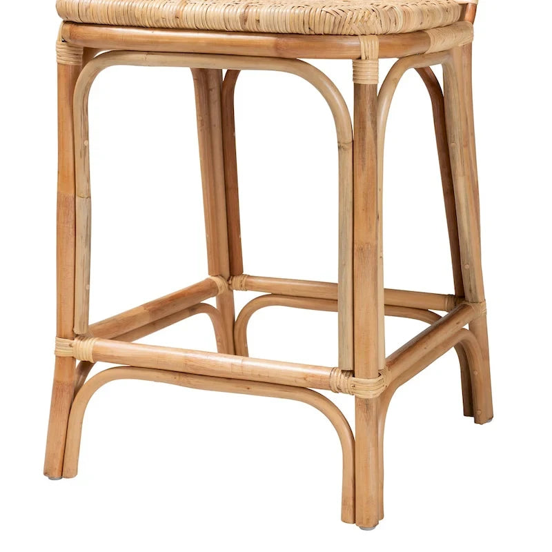Modern Bohemian Natural Brown Rattan Bar Stool with Footrest