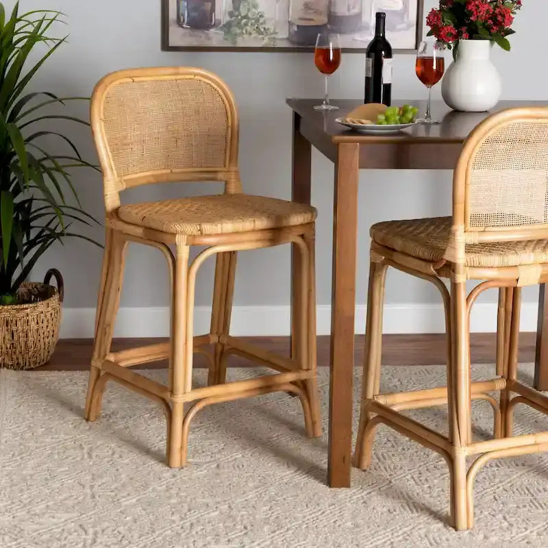 Modern Bohemian Natural Brown Rattan Bar Stool with Footrest