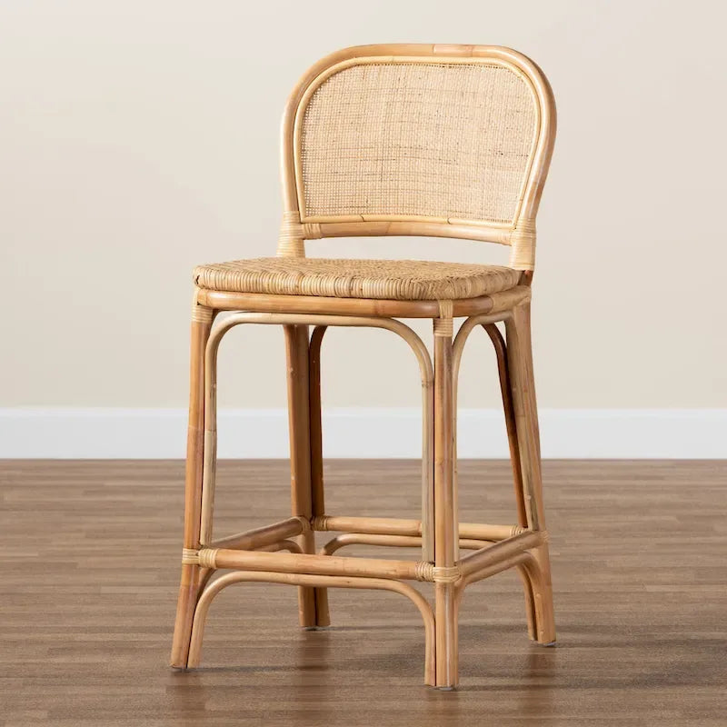 Modern Bohemian Natural Brown Rattan Bar Stool with Footrest