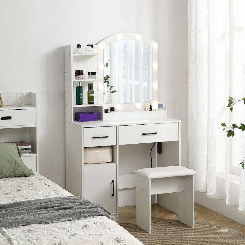 White Vanity Table with Lighted Mirror Drawers and Storage Cabinet