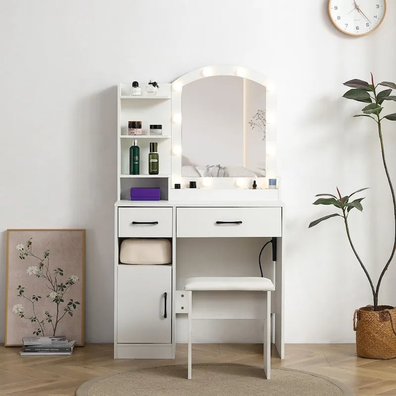 White Vanity Table with Lighted Mirror Drawers and Storage Cabinet