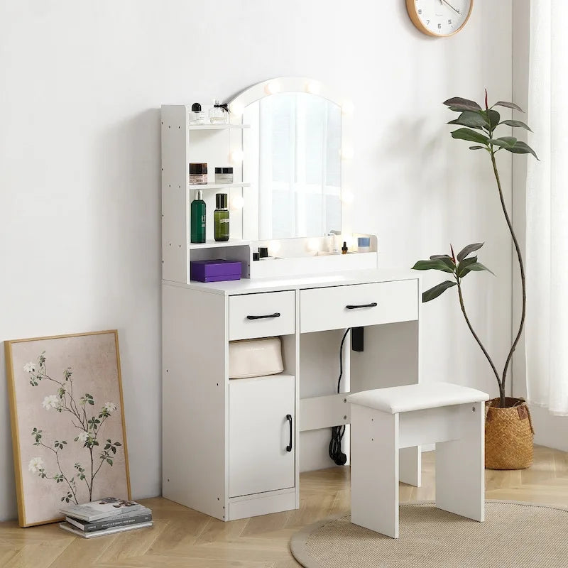 White Vanity Table with Lighted Mirror Drawers and Storage Cabinet