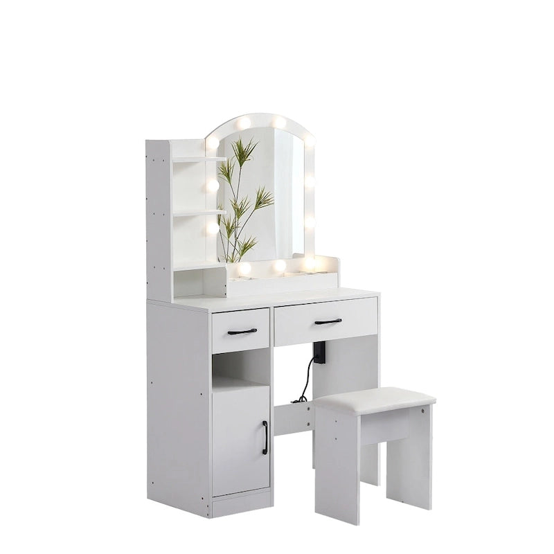 White Vanity Table with Lighted Mirror Drawers and Storage Cabinet