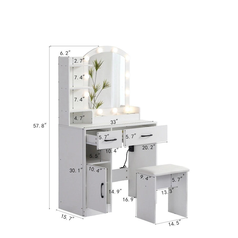 White Vanity Table with Lighted Mirror Drawers and Storage Cabinet