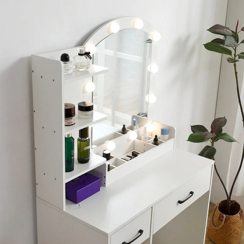 White Vanity Table with Lighted Mirror Drawers and Storage Cabinet