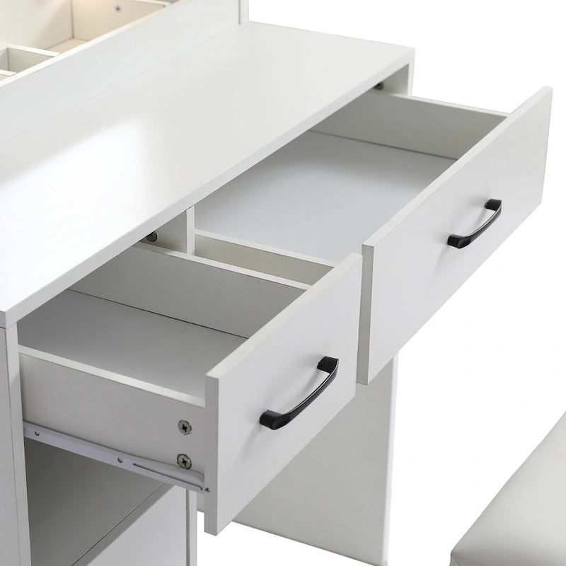 White Vanity Table with Lighted Mirror Drawers and Storage Cabinet