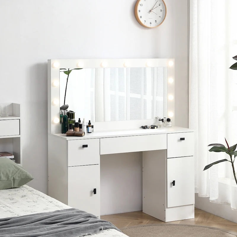 White Vanity Table with Lighted Mirror Drawers and Storage Cabinet