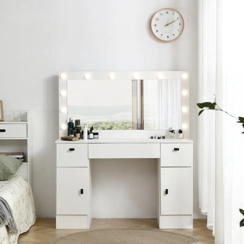 White Vanity Table with Lighted Mirror Drawers and Storage Cabinet