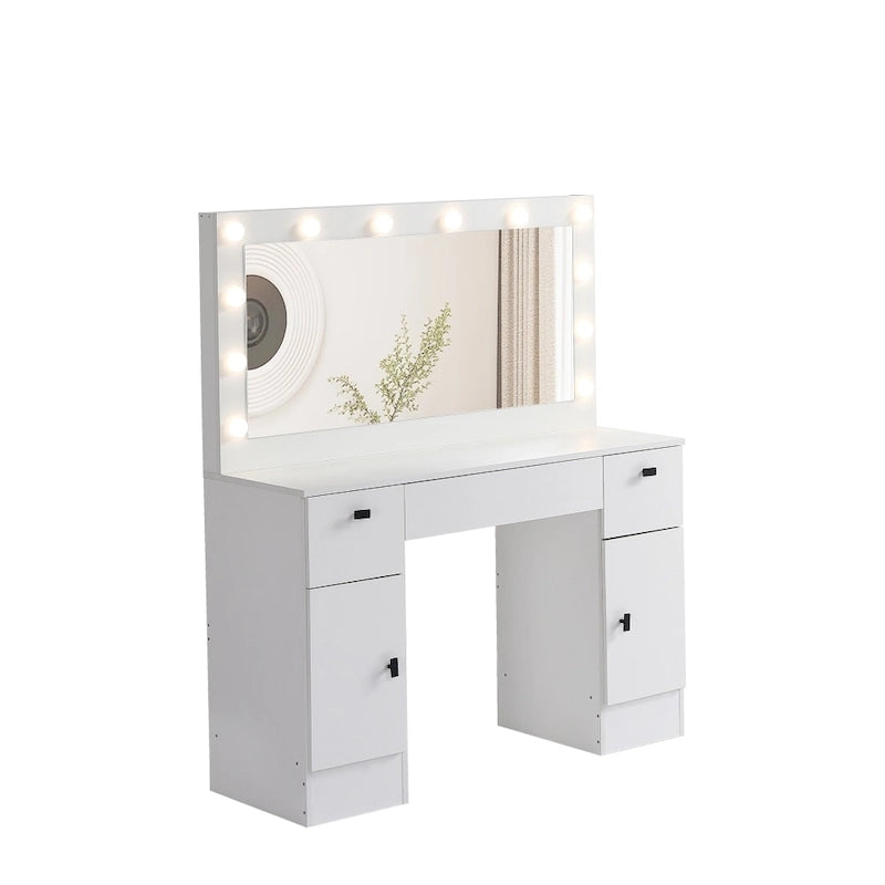White Vanity Table with Lighted Mirror Drawers and Storage Cabinet
