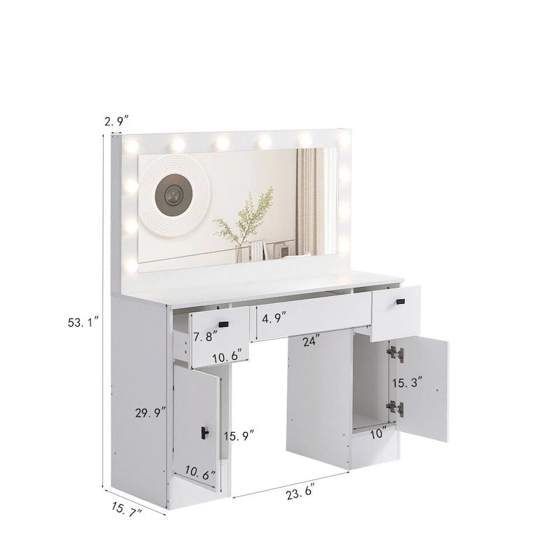 White Vanity Table with Lighted Mirror Drawers and Storage Cabinet
