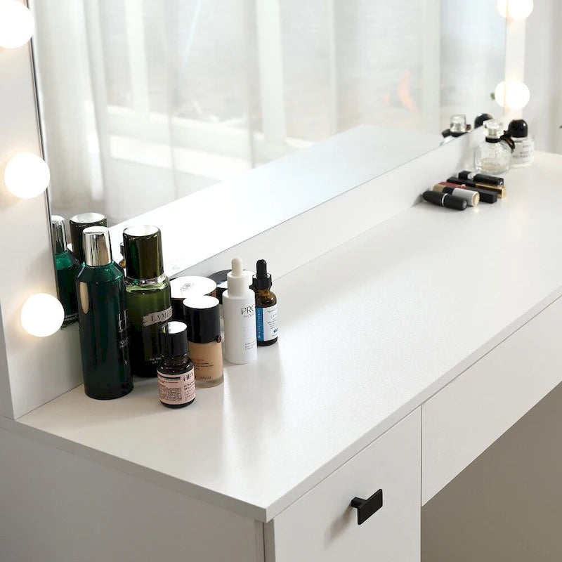 White Vanity Table with Lighted Mirror Drawers and Storage Cabinet