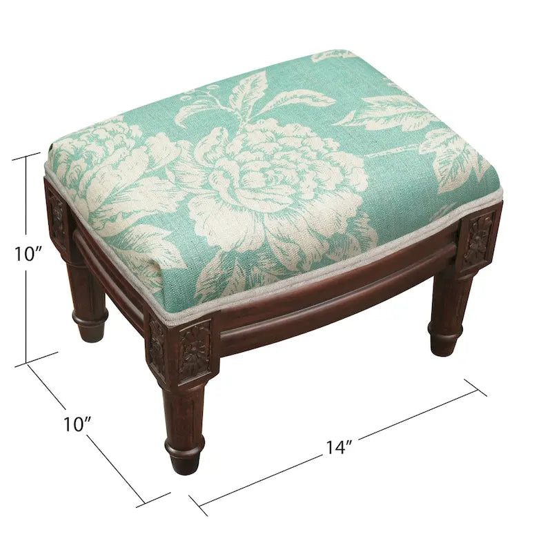 Linen Upholstered Footstool Ottoman with Wood Stained Finish