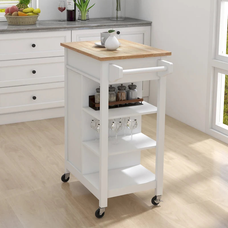 Kitchen Island Rolling Cart with Drawer Shelves Towel Rack and Lockable Wheels White