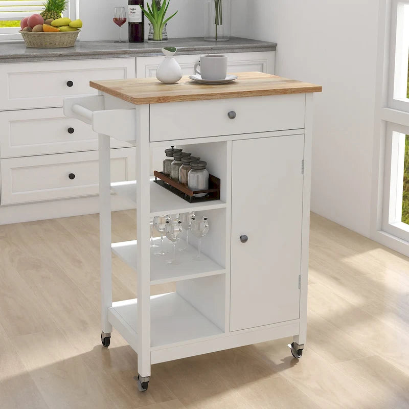 Kitchen Island Rolling Cart with Drawer Shelves Towel Rack and Lockable Wheels White