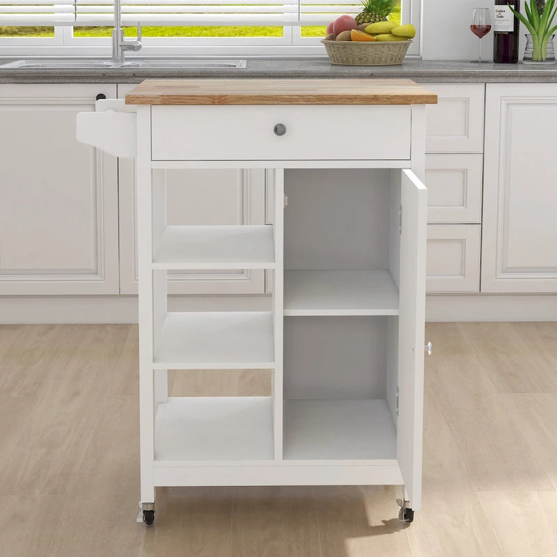Kitchen Island Rolling Cart with Drawer Shelves Towel Rack and Lockable Wheels White