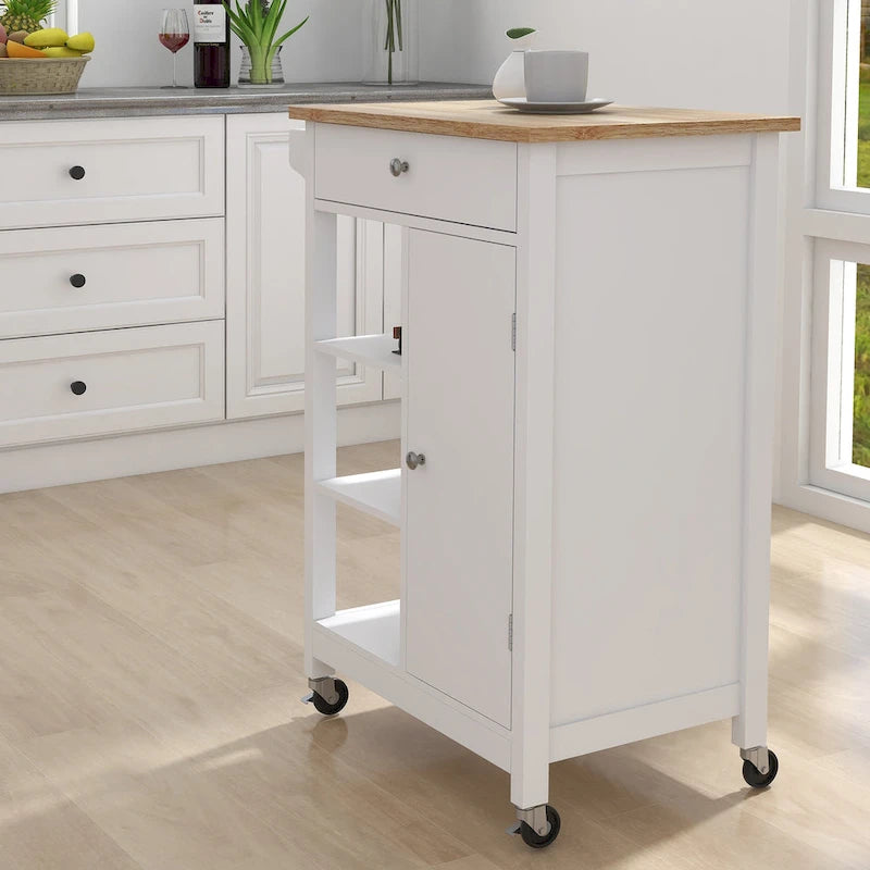 Kitchen Island Rolling Cart with Drawer Shelves Towel Rack and Lockable Wheels White