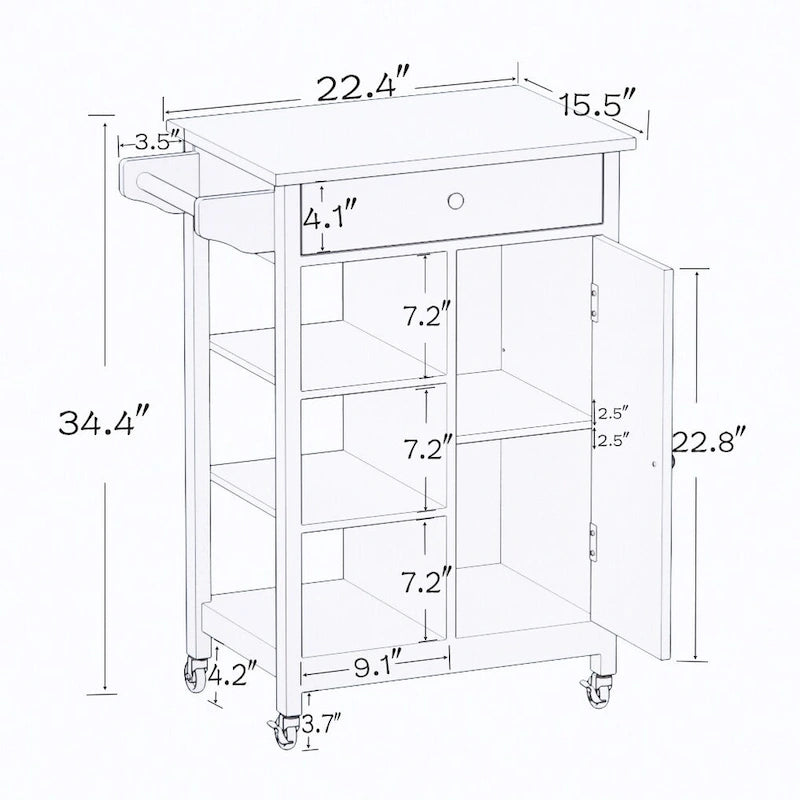 Kitchen Island Rolling Cart with Drawer Shelves Towel Rack and Lockable Wheels White