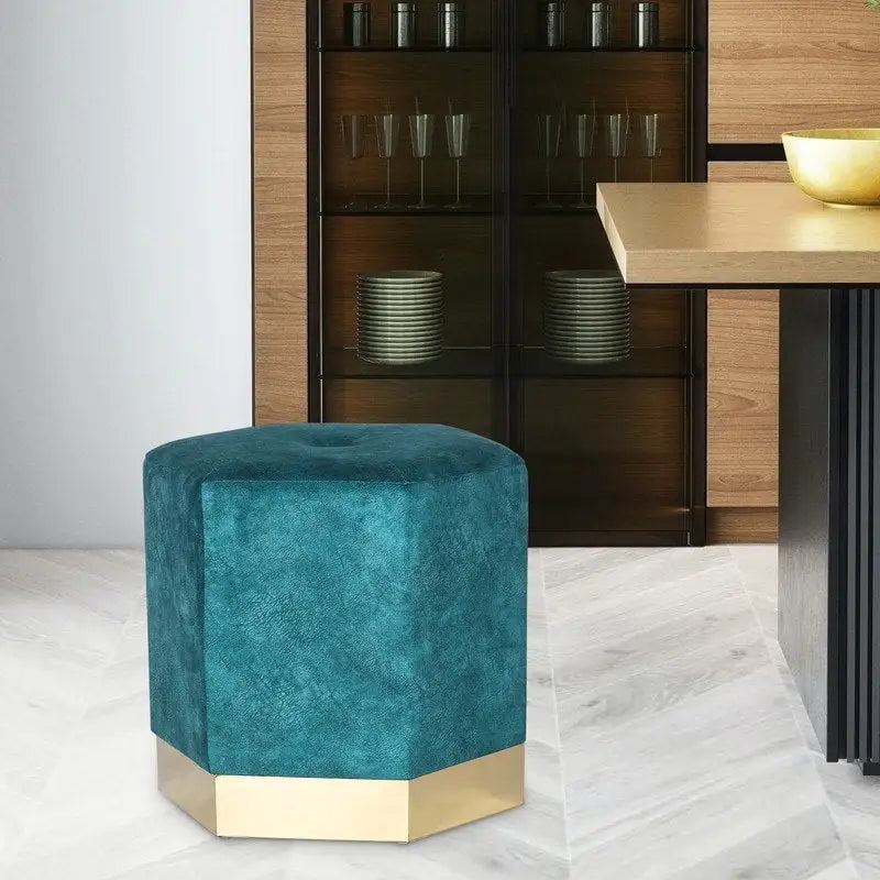 Vanity Stool Hexagon Ottoman Upholstered Footrest Footstool Blue
