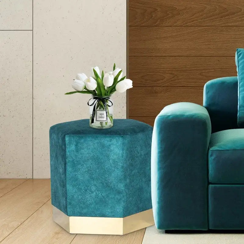 Vanity Stool Hexagon Ottoman Upholstered Footrest Footstool Blue