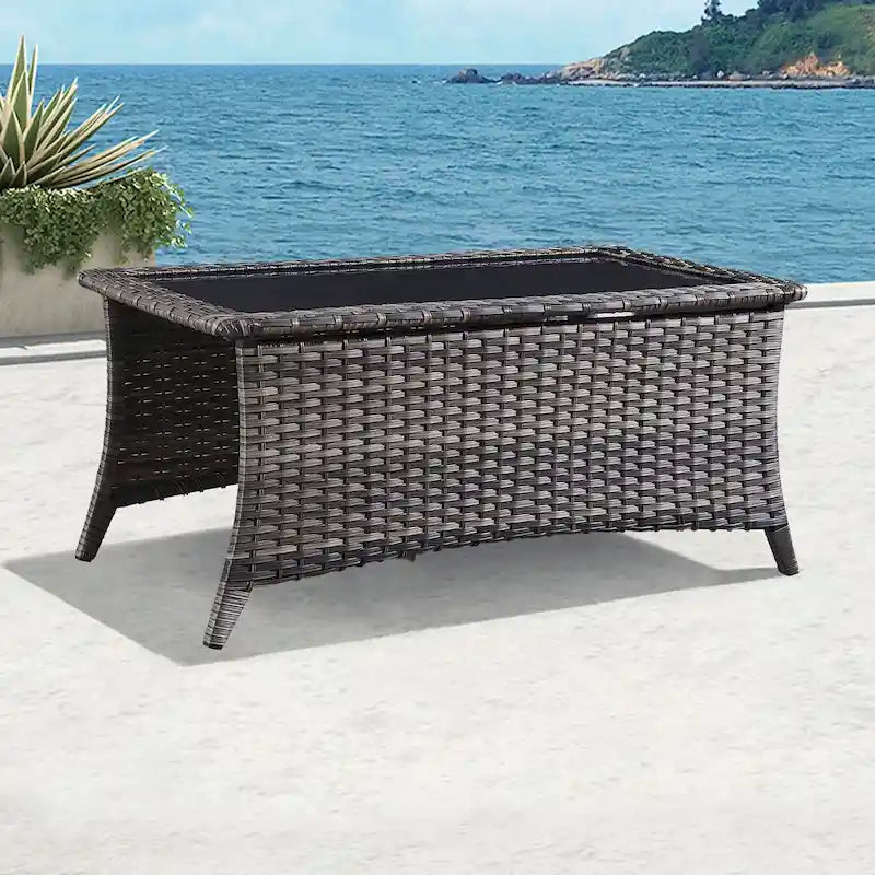 Outdoor Wicker Coffee Table with Tempered Glass Top