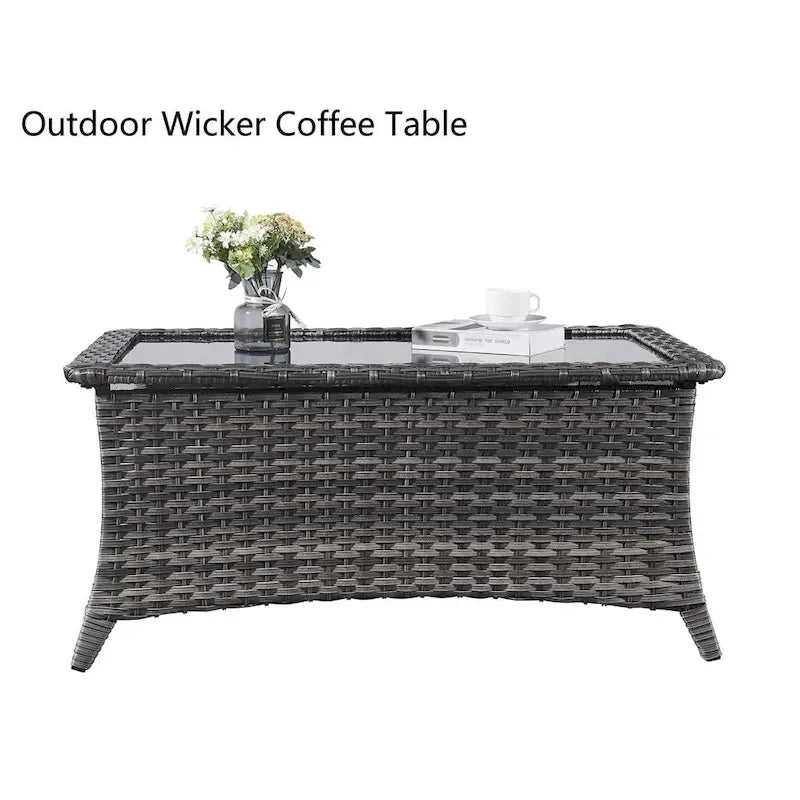 Outdoor Wicker Coffee Table with Tempered Glass Top