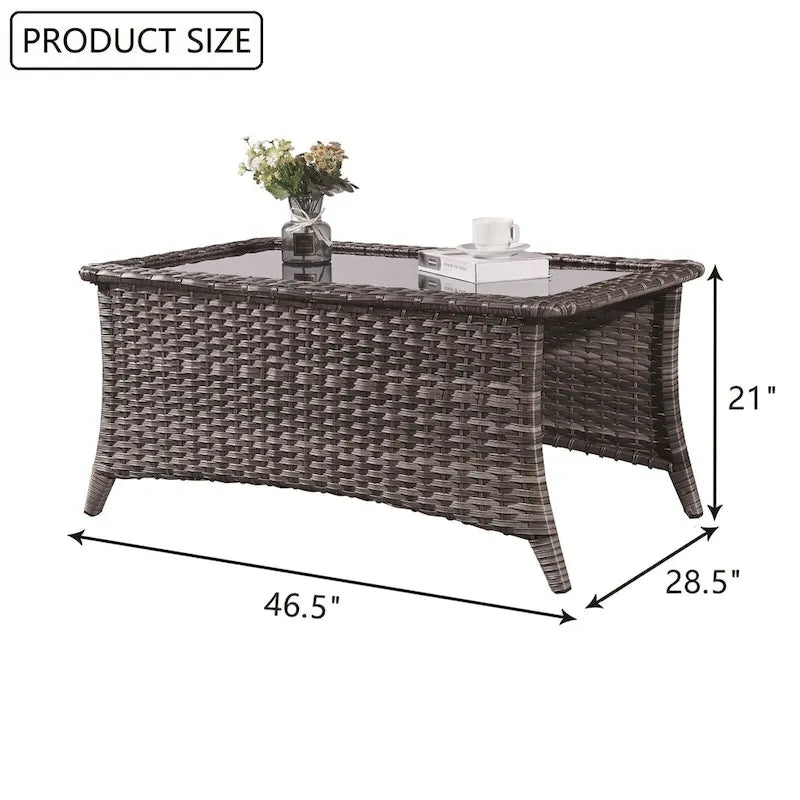 Outdoor Wicker Coffee Table with Tempered Glass Top
