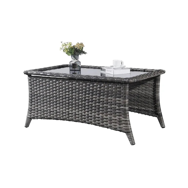 Outdoor Wicker Coffee Table with Tempered Glass Top