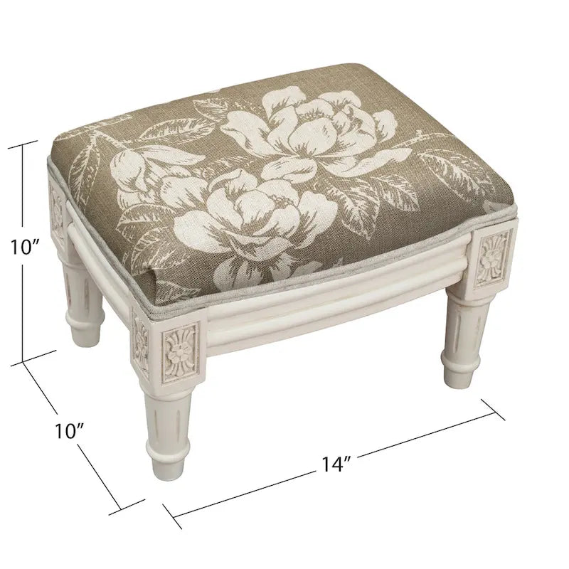 Taupe Floral Footstool with Antique White Wood Finish