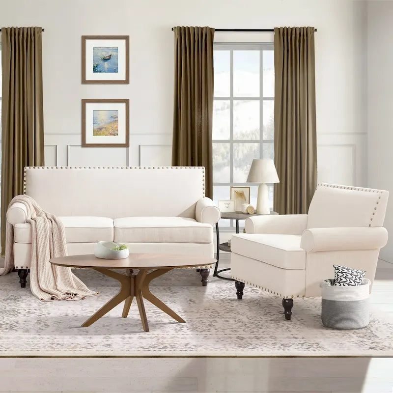 Fabric Loveseat Sofa with Rivet Accent Linen Upholstery
