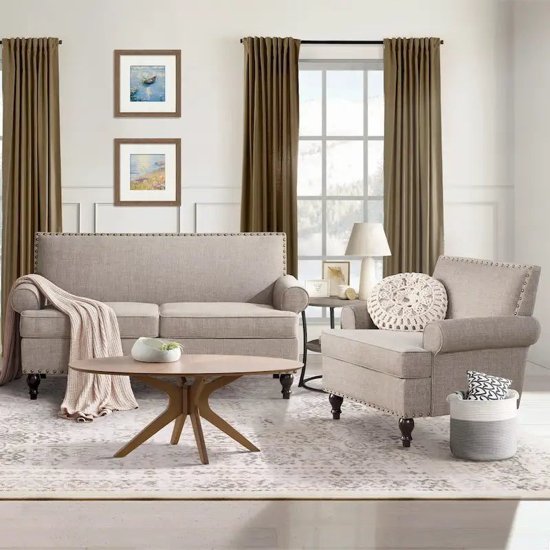 Fabric Loveseat Sofa with Rivet Accent Linen Upholstery
