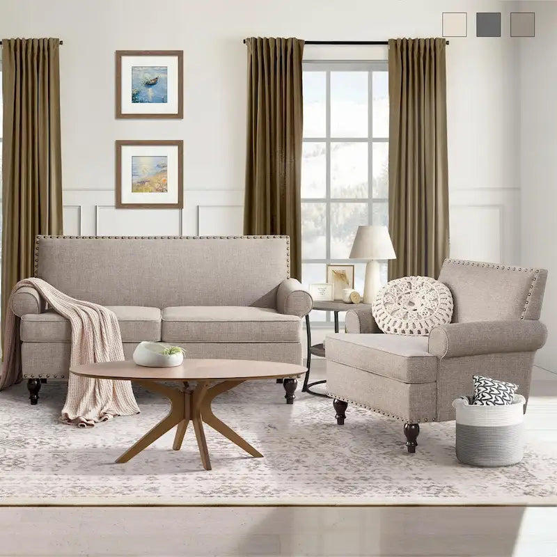Fabric Loveseat Sofa with Rivet Accent Linen Upholstery