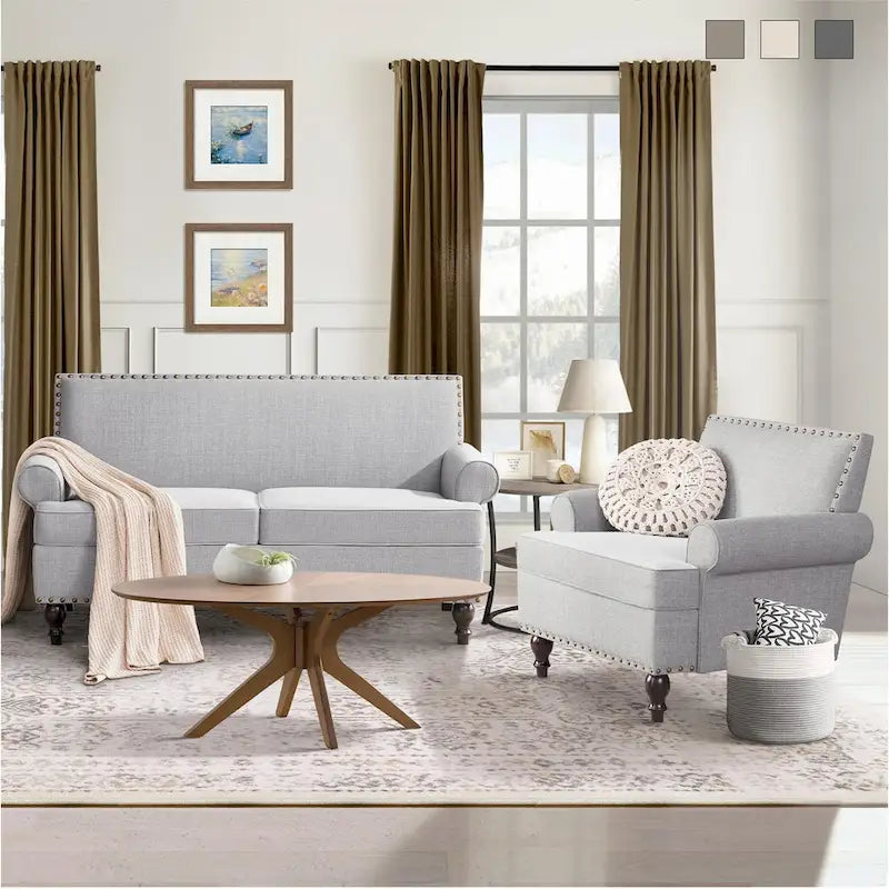 Fabric Loveseat Sofa with Rivet Accent Linen Upholstery