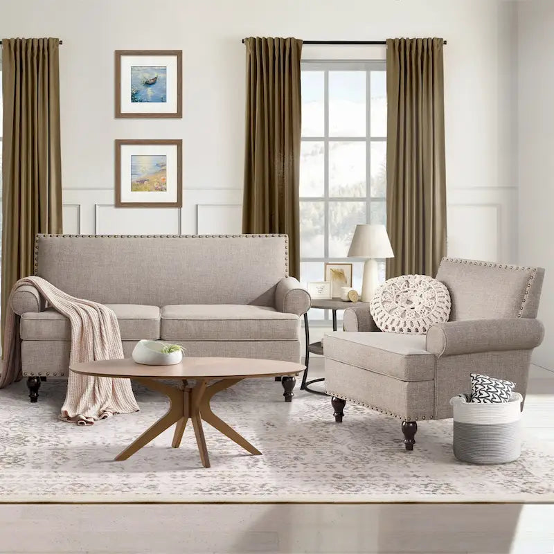 Fabric Loveseat Sofa with Rivet Accent Linen Upholstery