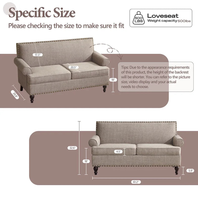 Fabric Loveseat Sofa with Rivet Accent Linen Upholstery