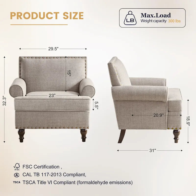 Fabric Loveseat Sofa with Rivet Accent Linen Upholstery