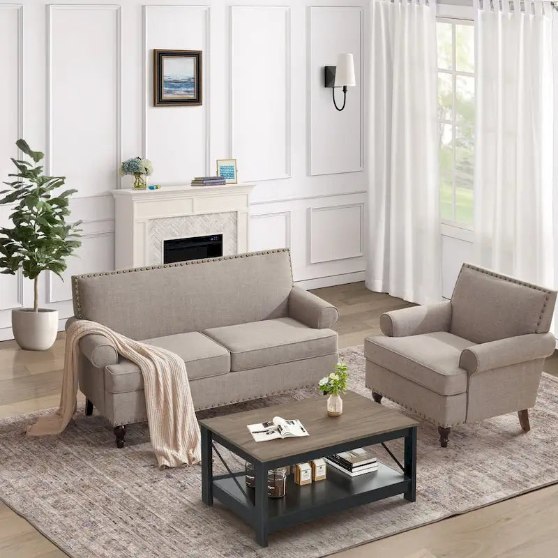 Fabric Loveseat Sofa with Rivet Accent Linen Upholstery