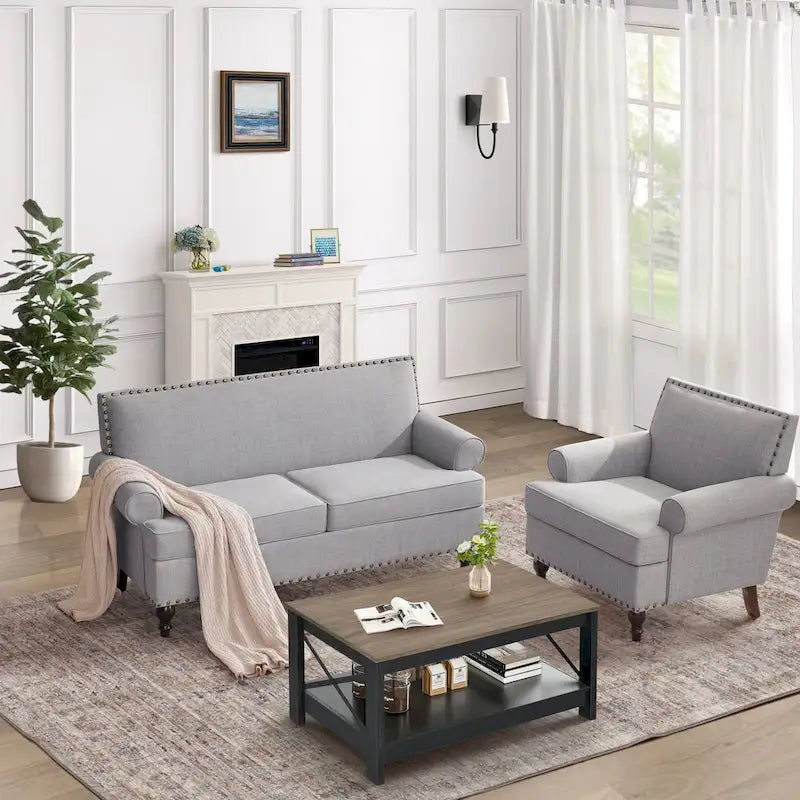 Fabric Loveseat Sofa with Rivet Accent Linen Upholstery