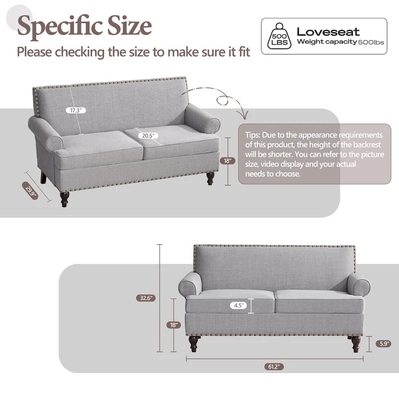 Fabric Loveseat Sofa with Rivet Accent Linen Upholstery