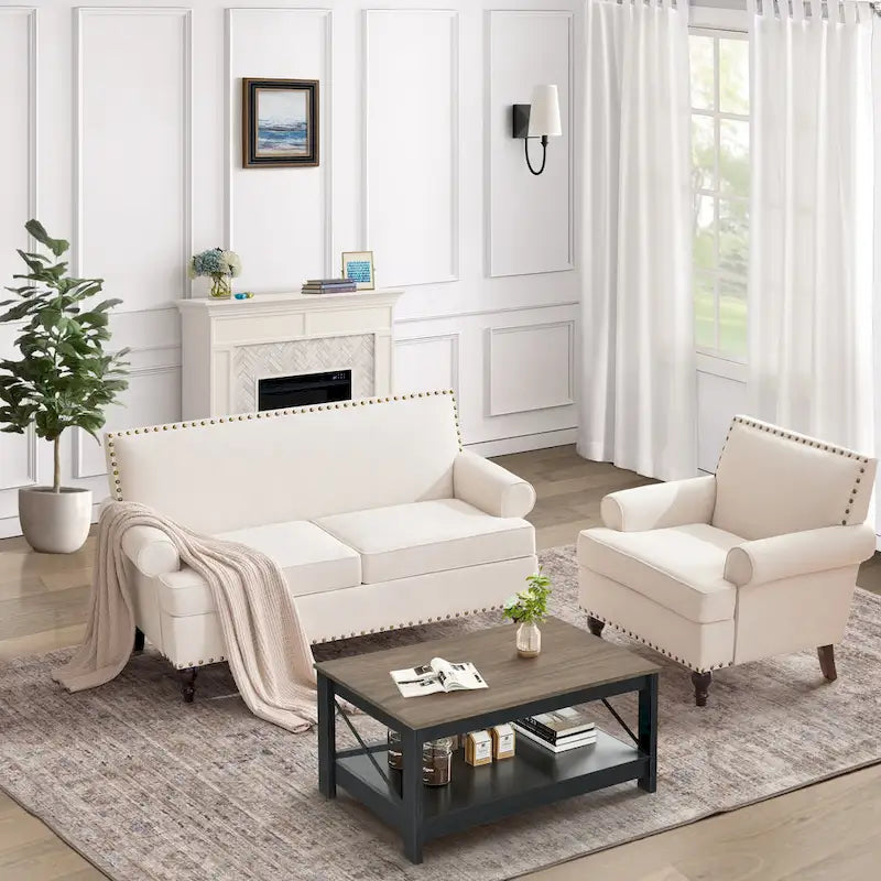 Fabric Loveseat Sofa with Rivet Accent Linen Upholstery