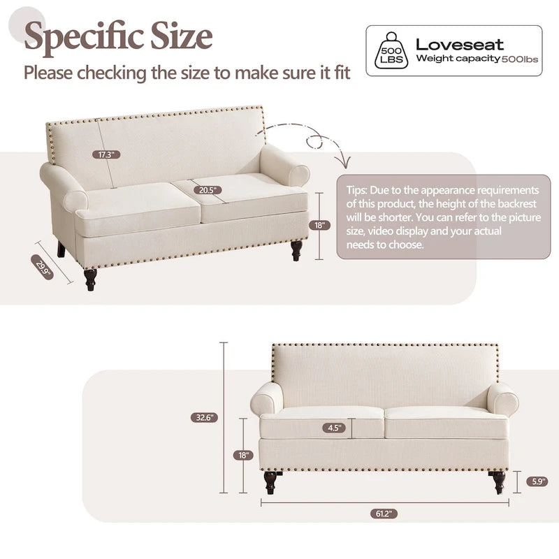 Fabric Loveseat Sofa with Rivet Accent Linen Upholstery