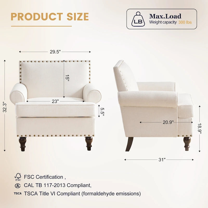 Fabric Loveseat Sofa with Rivet Accent Linen Upholstery