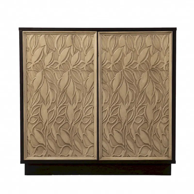 Dark Brown and Natural Carved Floral Leaf Accent Storage Cabinet