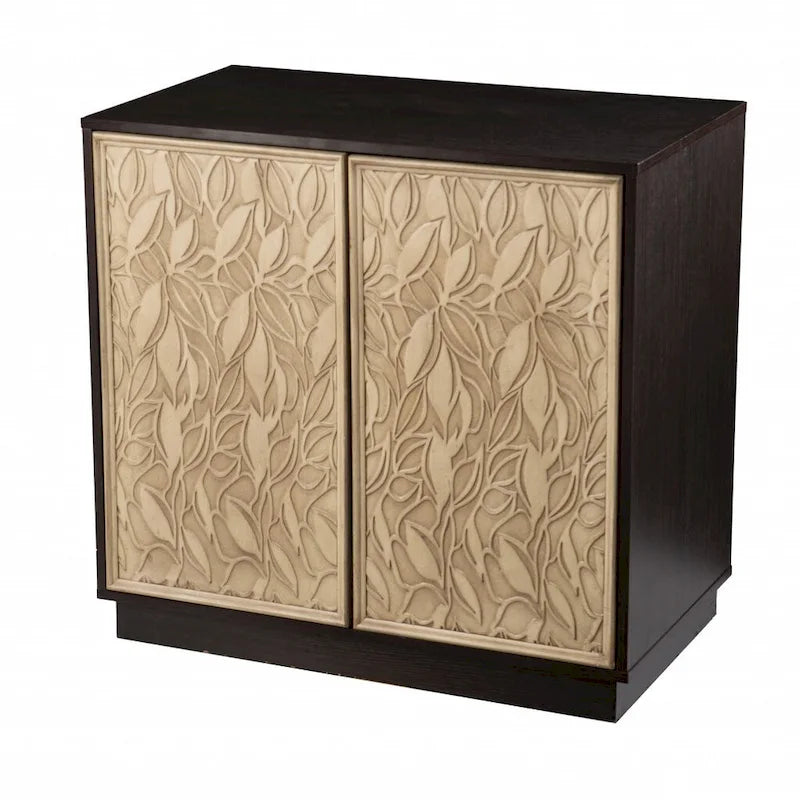 Dark Brown and Natural Carved Floral Leaf Accent Storage Cabinet