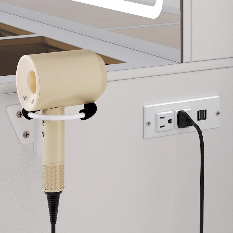 Vanity Desk with LED and Power Outlets, Makeup Vanity Dressing Table with Dividers and Hair Dryer Rack