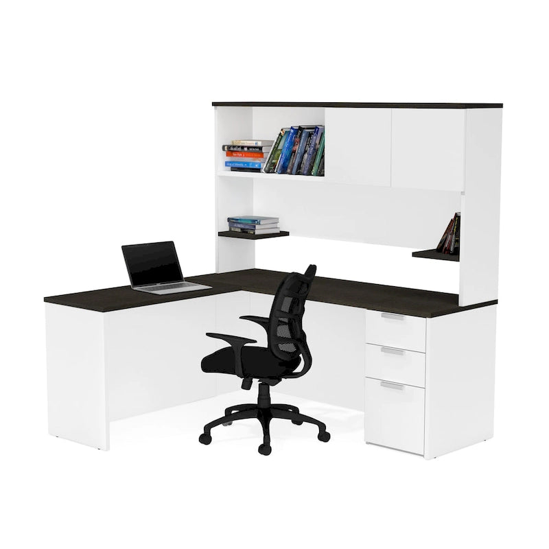 L-Shaped Office Desk with Hutch Storage and Pedestal