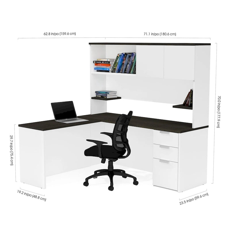 L-Shaped Office Desk with Hutch Storage and Pedestal